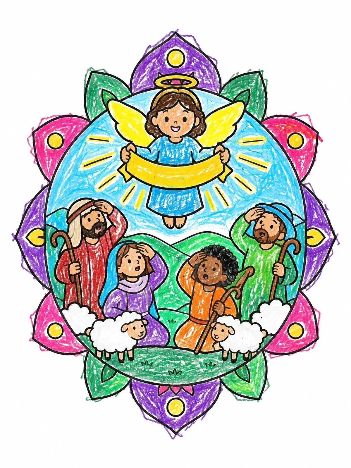 Colored example of the Angel Appearing To The Shepherds coloring page
