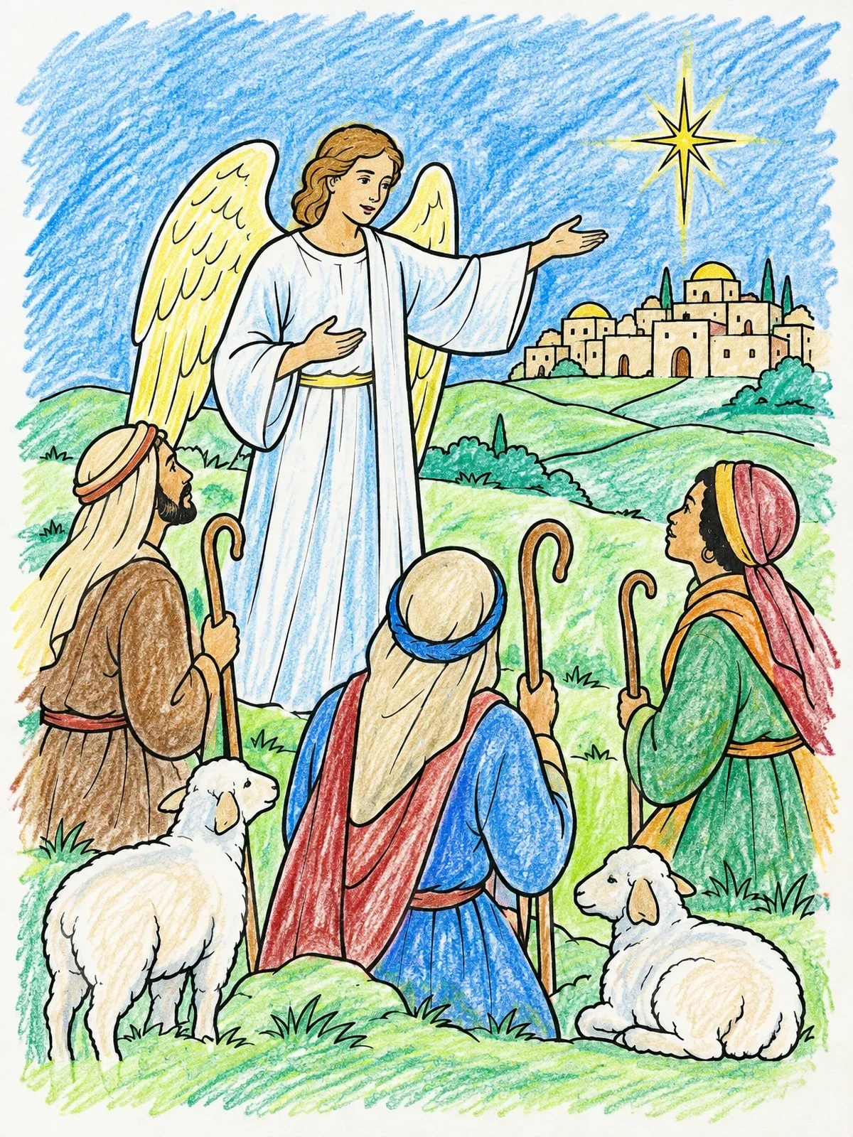 Colored example of the Angel Appearing To The Shepherds coloring page