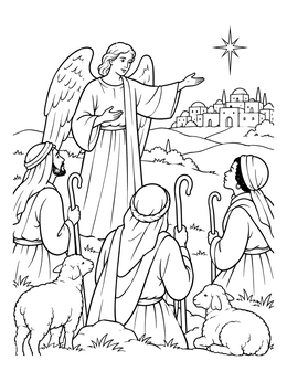 An angel points toward Bethlehem on this shepherd coloring page with sheep resting nearby.