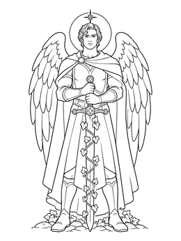 Noble archangel standing with a decorative sword in this angel coloring page.