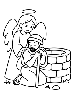 A gentle angel coloring page showing an angel comforting a tired traveler by a stone well.