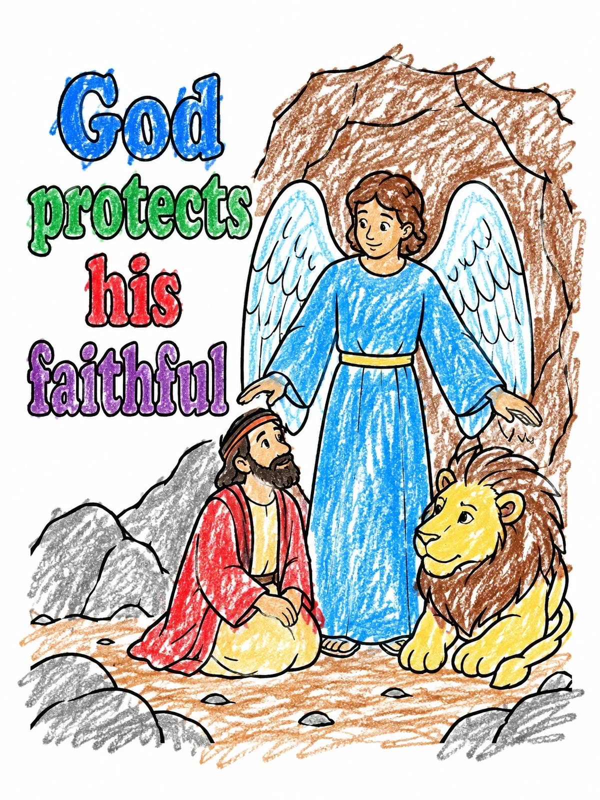 Colored example of the Angel Protecting Daniel And Lion coloring page