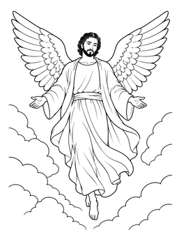 An angelic figure descending among clouds on this angel wings coloring page.