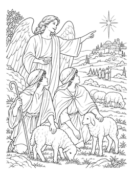 An angel points the way to Bethlehem in this shepherds visit baby jesus coloring page.