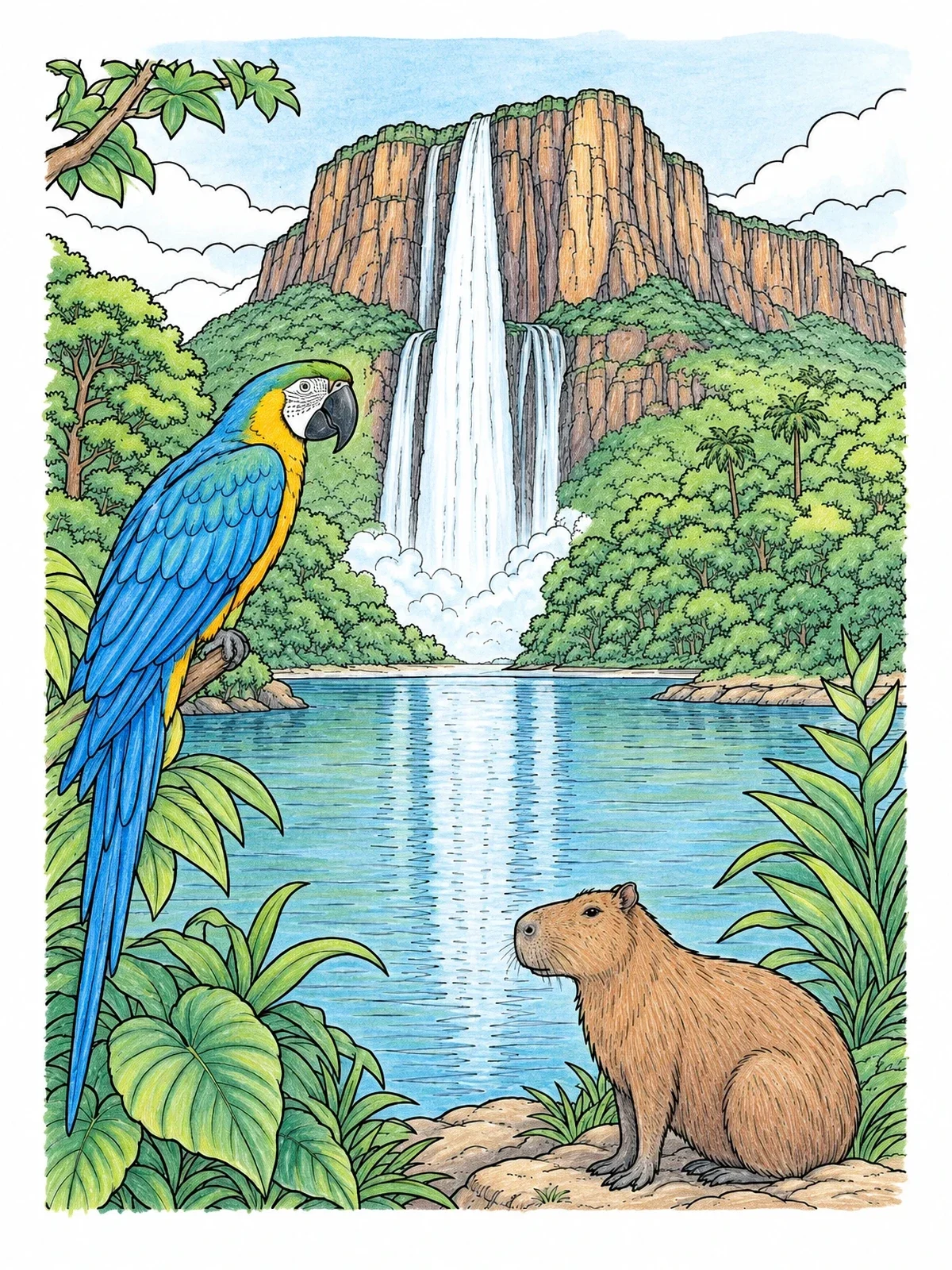 Colored example of the Angel Falls With Macaw And Capybara coloring page