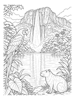Free printable Angel Falls With Macaw And Capybara coloring page