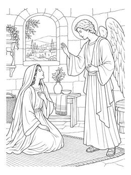 An annunciation coloring page showing the angel Gabriel speaking to kneeling Mary in Nazareth.