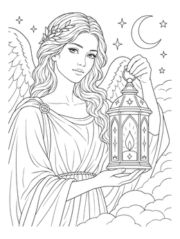 An angel coloring page with a winged figure holding an illuminated lantern among stars and clouds.