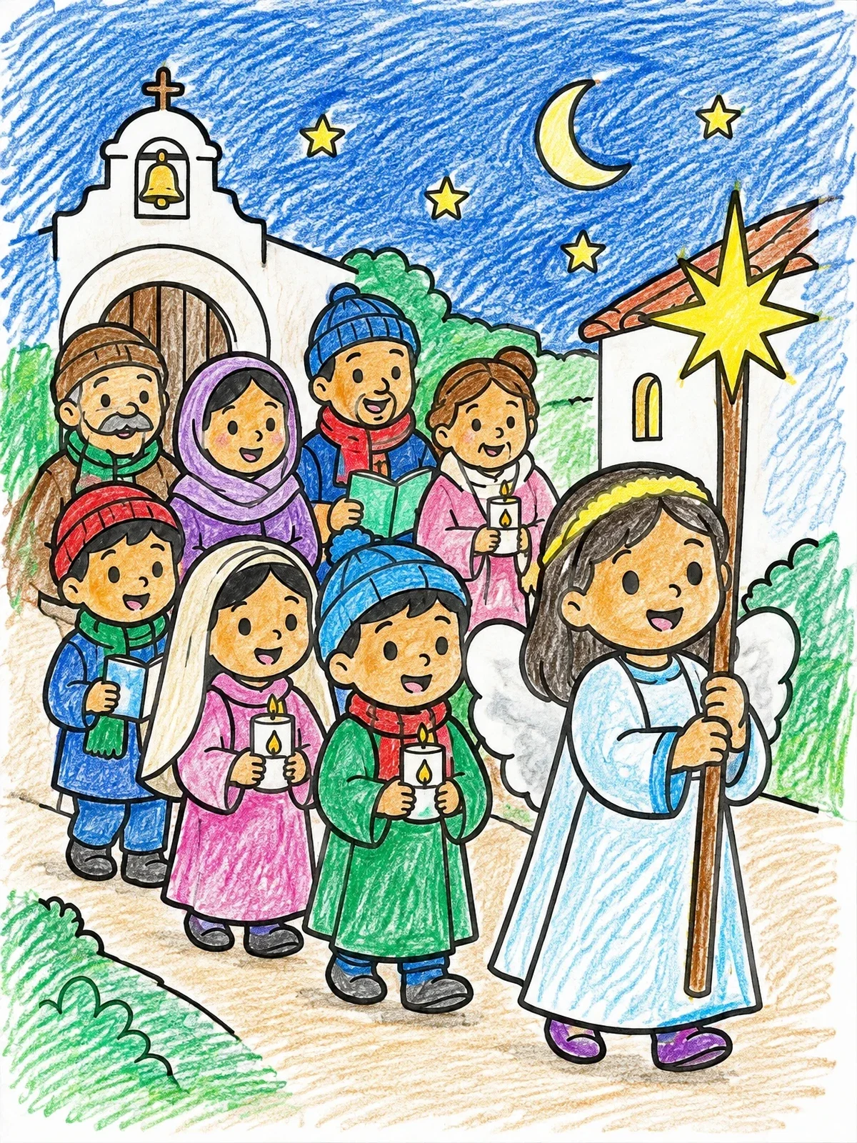 Colored example of the Angel Leading The Posadas Procession coloring page