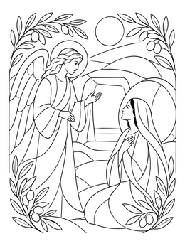 An angel greets Mary outside the open cave in this serene jesus empty tomb coloring page.