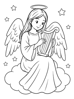 Free printable Angel Playing Harp On A Cloud coloring page
