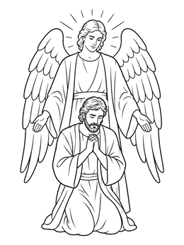 A serene daniel in the lions den coloring page showing a bearded man praying beneath a protective winged angel.
