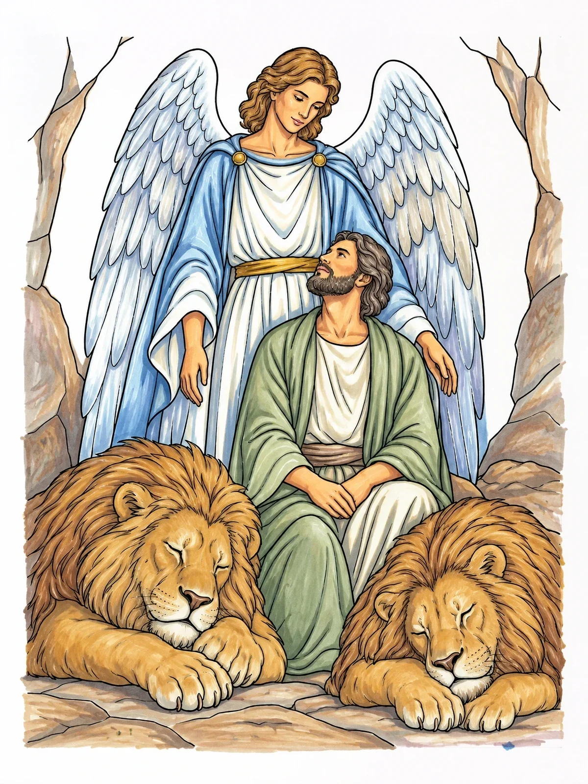 Colored example of the Angel Guarding Daniel And Sleeping Lions coloring page