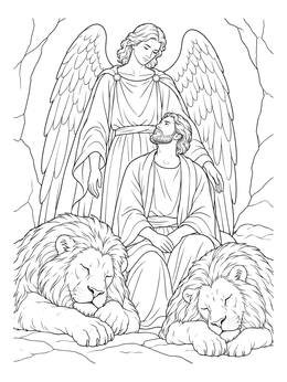 A serene angel watches over Daniel with two sleeping lions in this daniel in the lions den coloring page.