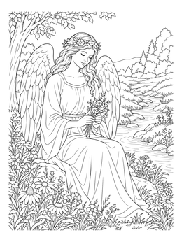 A serene winged angel coloring page sitting by a stream holding meadow flowers.
