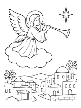 Free printable Angel Blowing Trumpet Over Bethlehem coloring page