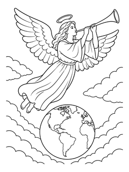 Free printable Angel Sounding Trumpet Over Earth coloring page