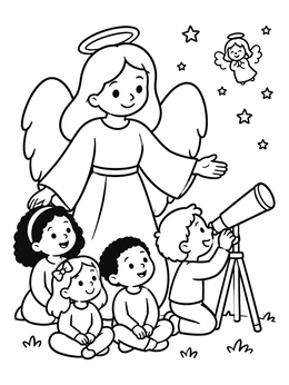 A gentle angel stands with children looking through a telescope in this angel coloring page.