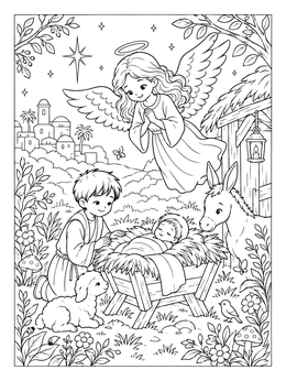 Sweet angel coloring page with baby Jesus sleeping in a manger and farm animals.
