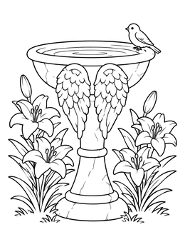 Free printable Angel Wing Garden Birdbath With Lilies coloring page