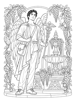 A winged messenger rests near a fountain in this detailed angel coloring page.