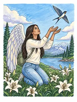 Winged Woman Releasing Swallow In Lily Field – Angel Coloring Page