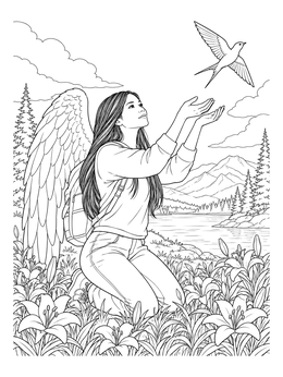 A serene winged woman in an angel coloring page kneeling among lilies to release a bird.