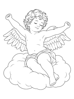 A peaceful cherub stretching its angel wings coloring page while sitting on a soft cloud.
