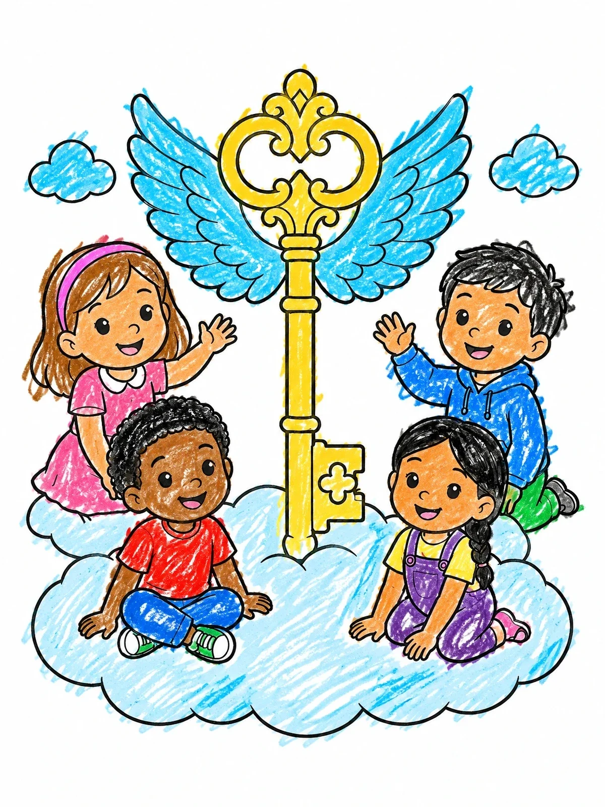 Colored example of the Children With Flying Key coloring page
