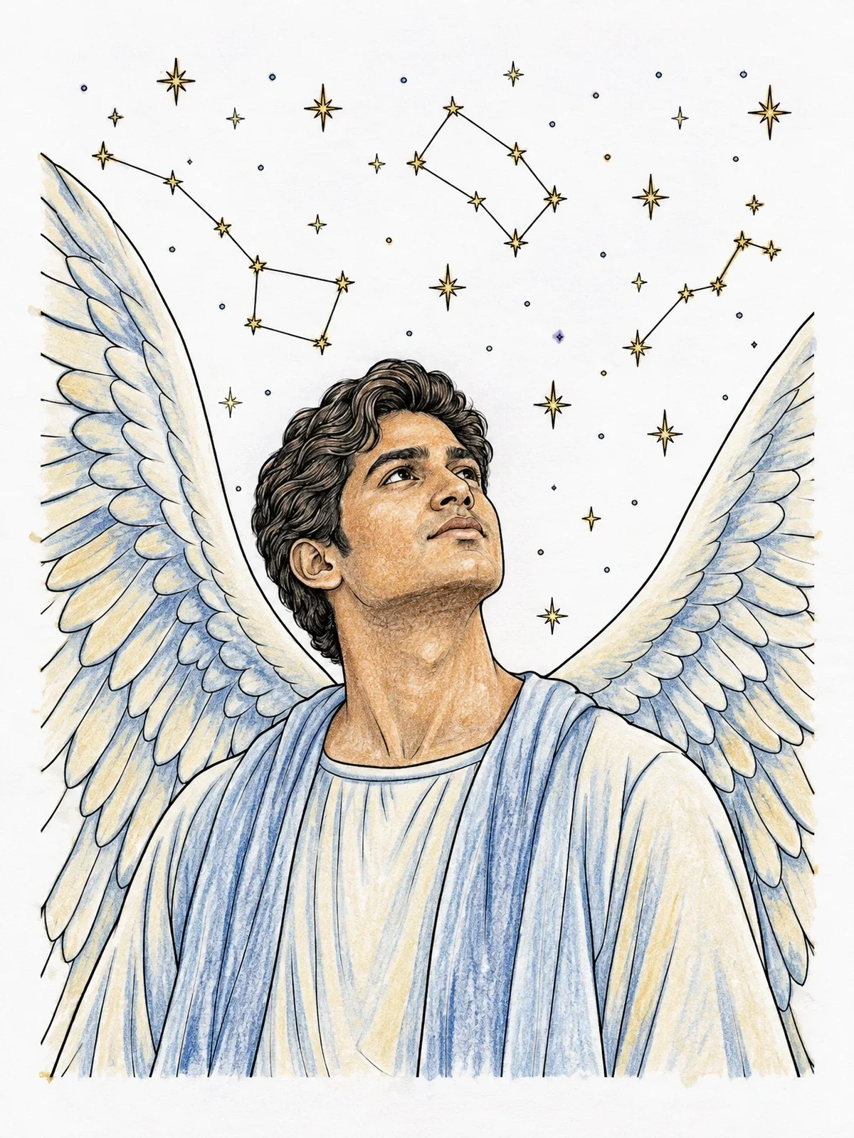 Colored example of the Angel Gazing At The Night Sky coloring page