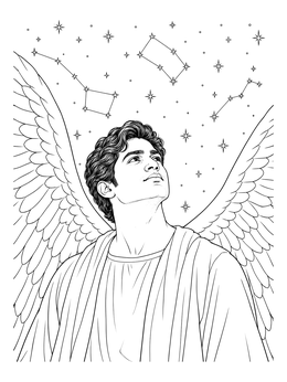 An angel with feathered wings looks toward starry constellations in this angel wings coloring page.