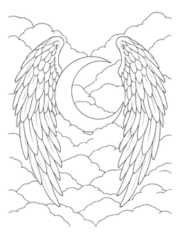 A crescent moon in puffy clouds on this angel wings coloring page.
