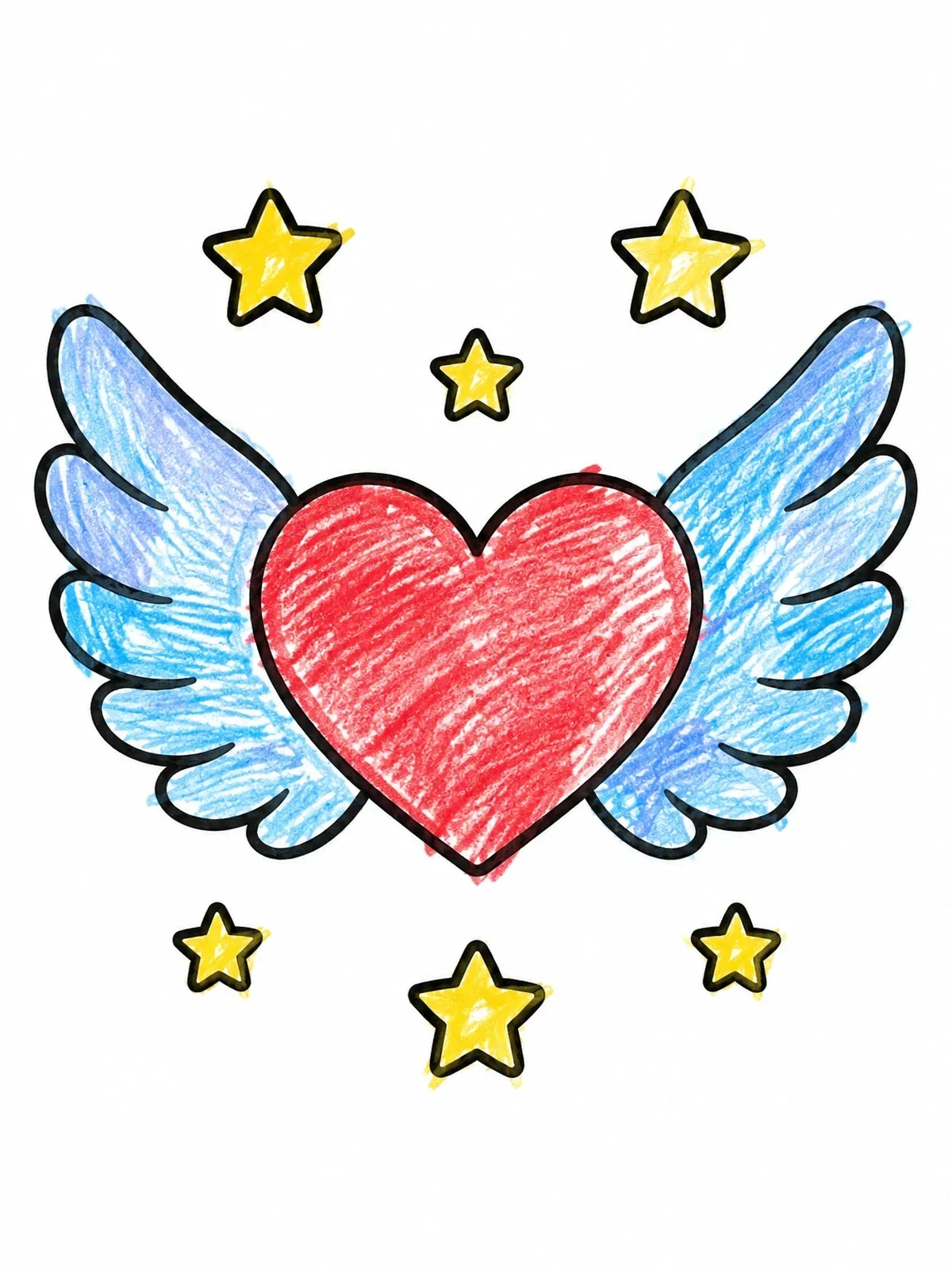 Colored example of the Winged Heart With Twinkling Stars coloring page