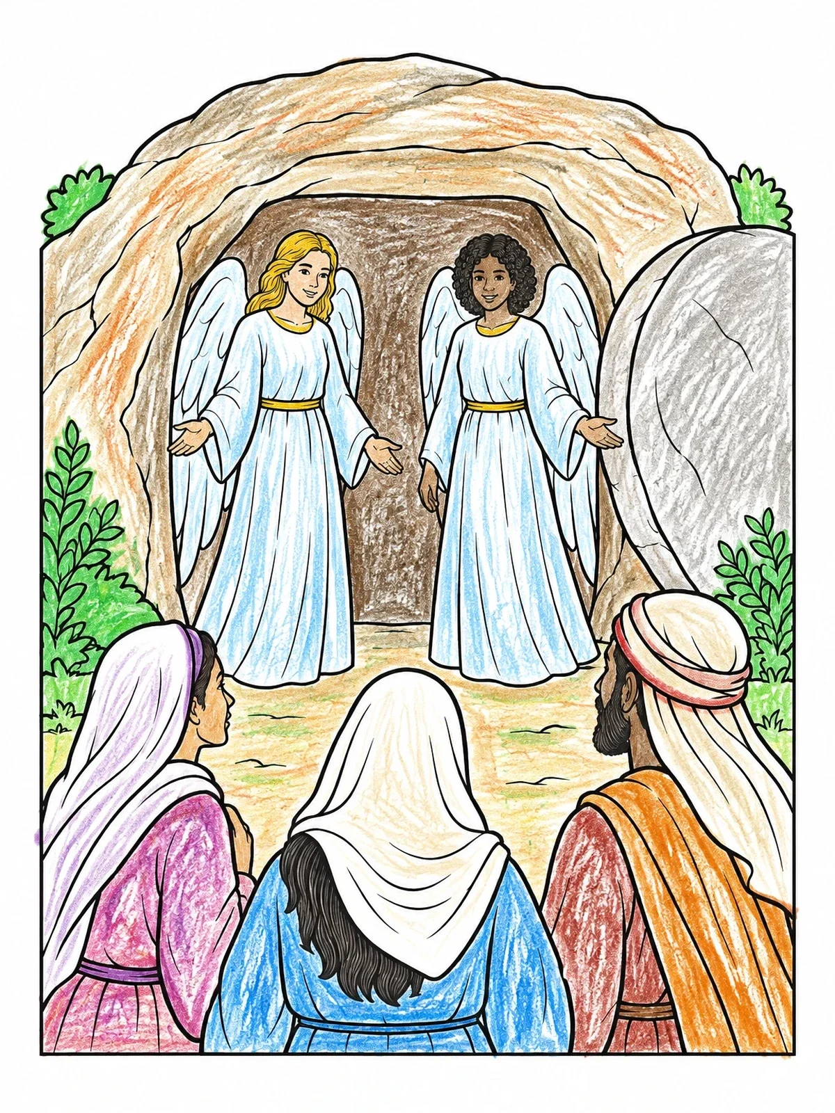 Colored example of the Angels At The Empty Tomb coloring page