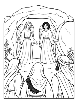 A jesus empty tomb coloring page showing two radiant angels welcoming three visitors at the open stone cave entrance.