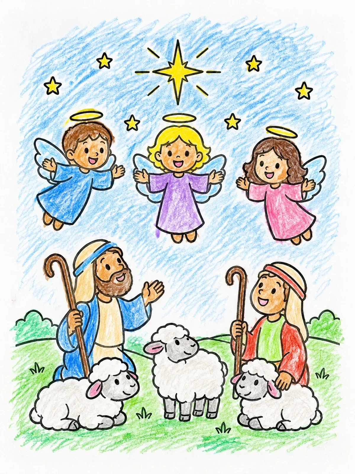 Colored example of the Angels Singing To Shepherds coloring page