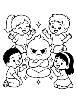 Free printable Grumpy Creature Surrounded By Cheerful Children coloring page