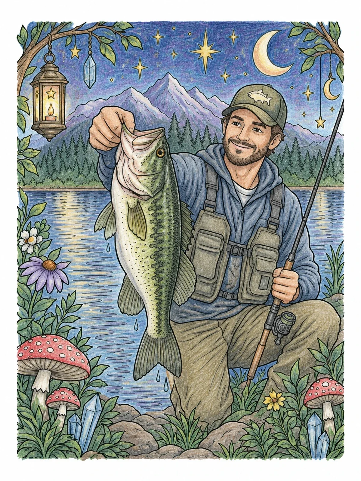Colored example of the Angler Holding Largemouth Bass Under Starlight coloring page