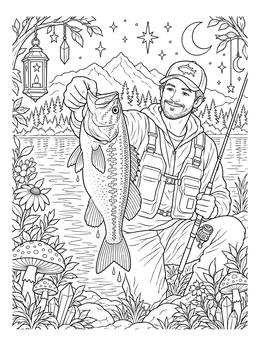 A smiling fisherman holds a catch in this detailed largemouth bass coloring page.