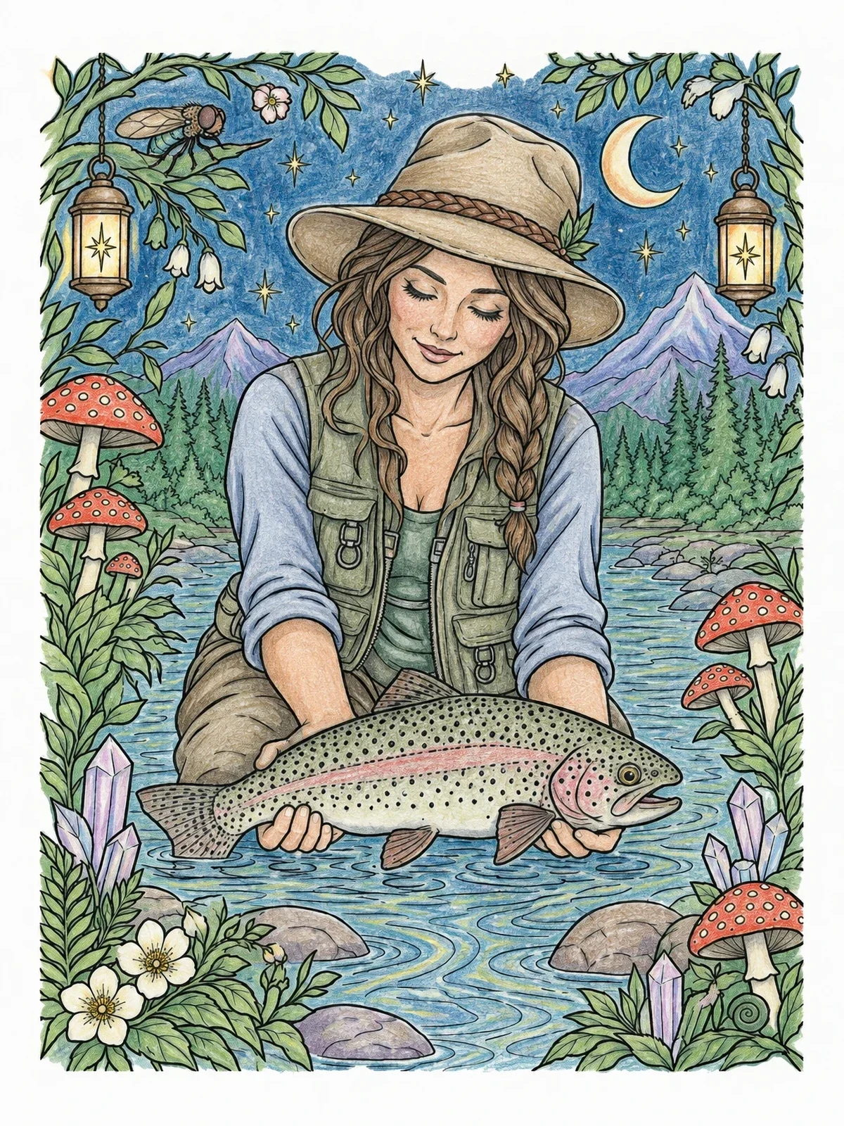 Colored example of the Night Angler With Trout And Fly coloring page