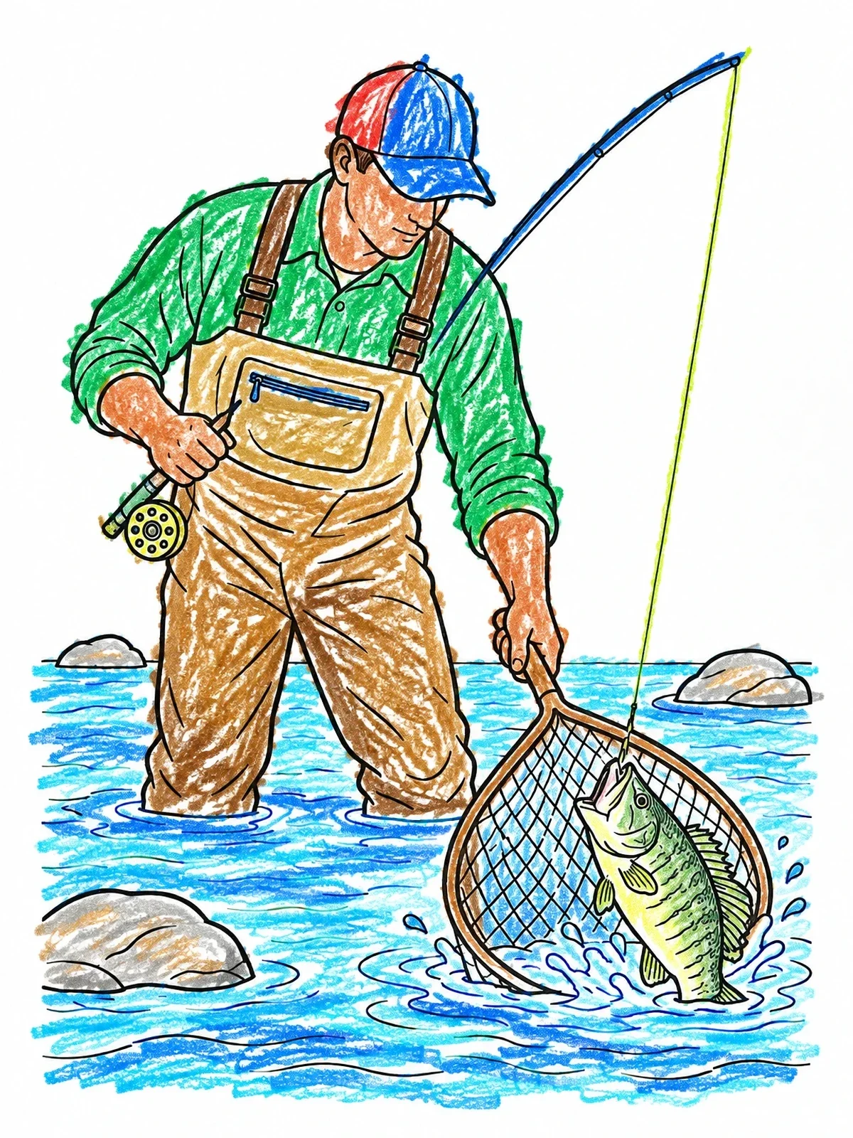 Colored example of the Angler Netting A Bass In River coloring page