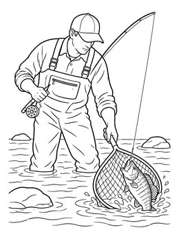 An angler in chest waders catches a fish in this bass coloring page.
