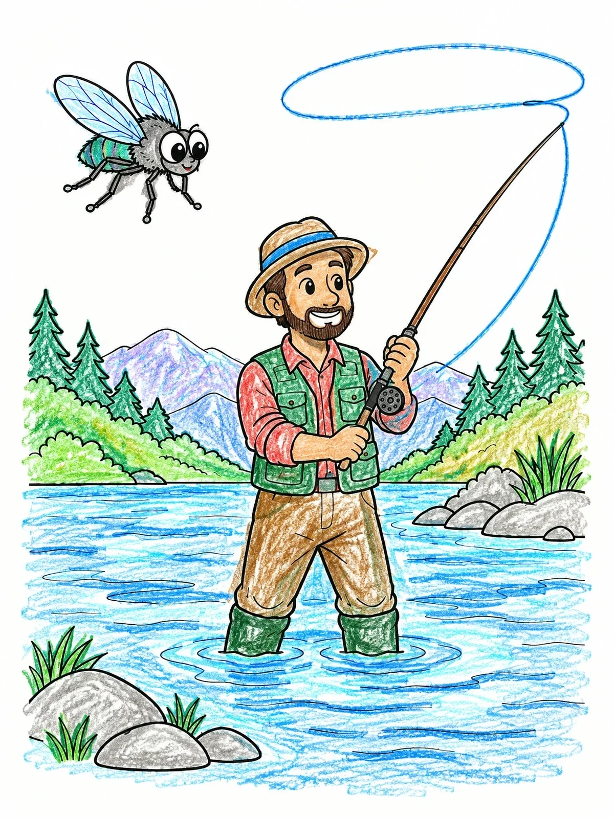Colored example of the Angler And Giant Friendly Fly coloring page