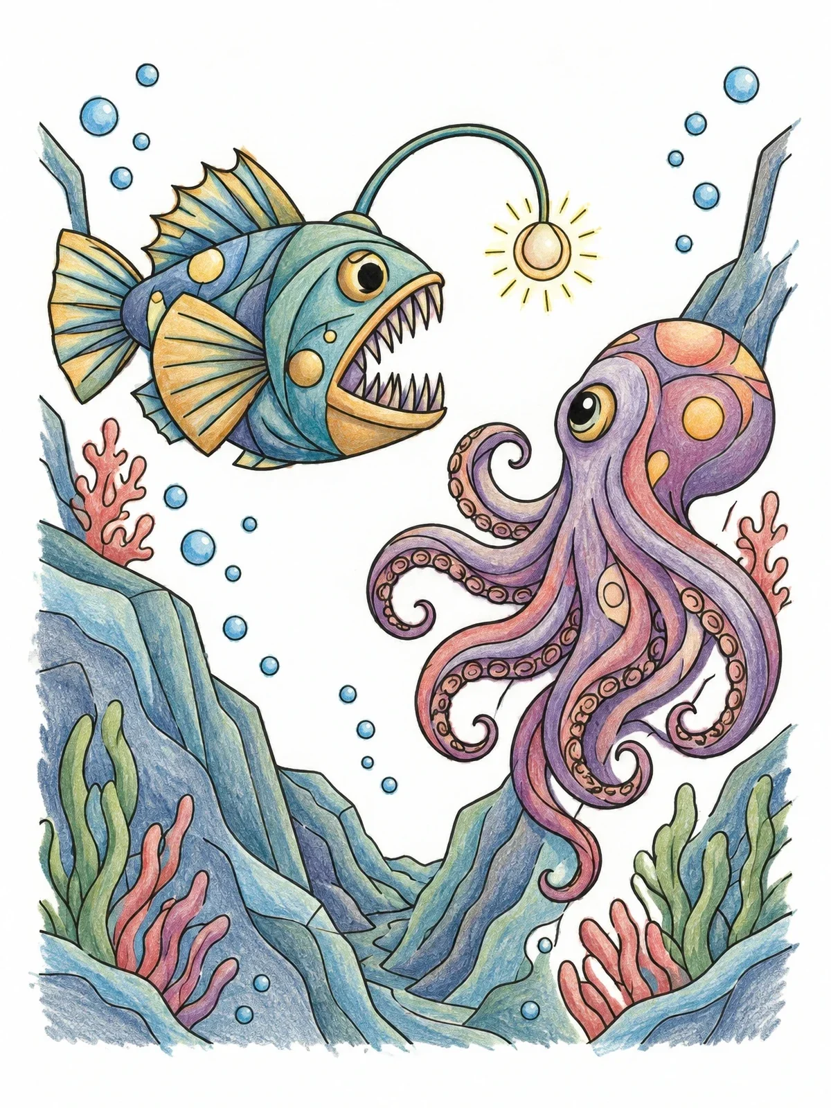 Colored example of the Anglerfish And Octopus Deep Sea Encounter coloring page