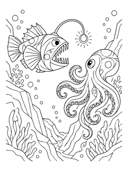 An underwater scene on an angler fish coloring page featuring a glowing anglerfish and an octopus.