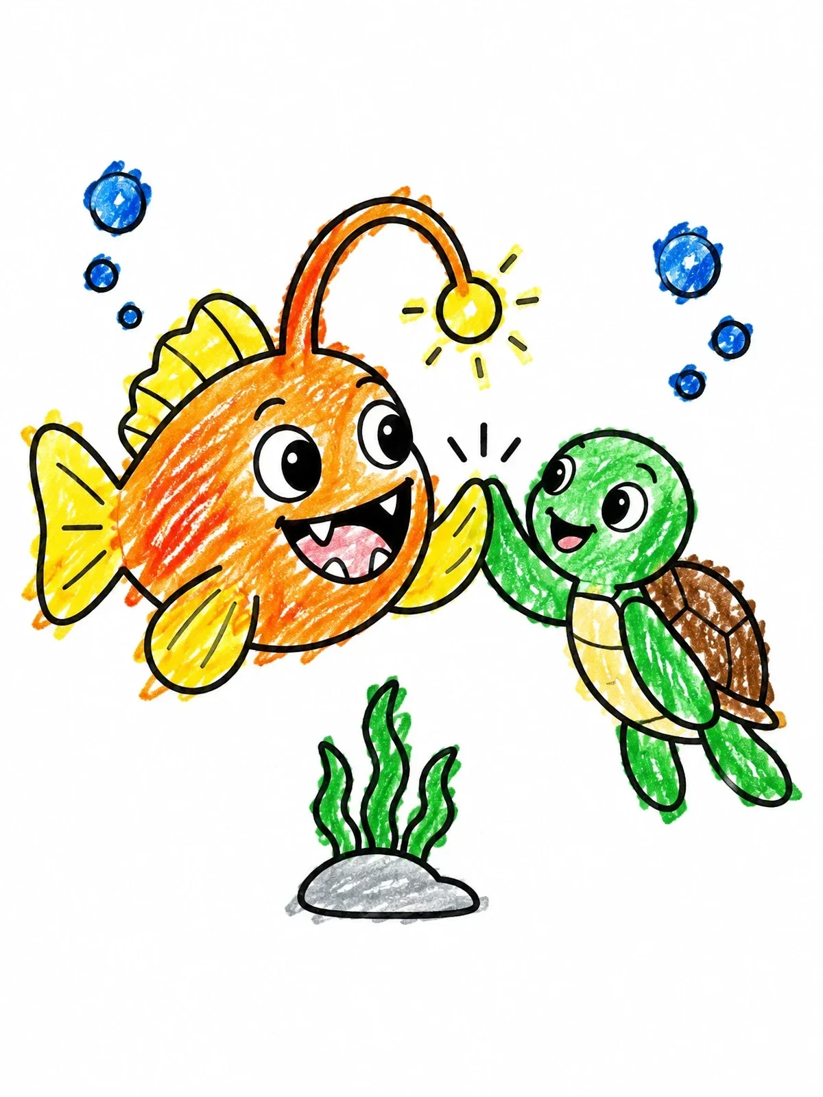 Colored example of the Anglerfish High Fiving A Sea Turtle coloring page