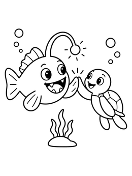 Free printable Anglerfish High Fiving A Sea Turtle coloring page