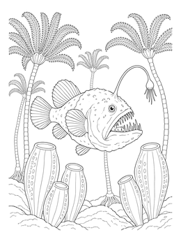 Detailed angler fish coloring page swimming among stalked sea lilies and deep-sea sponges.