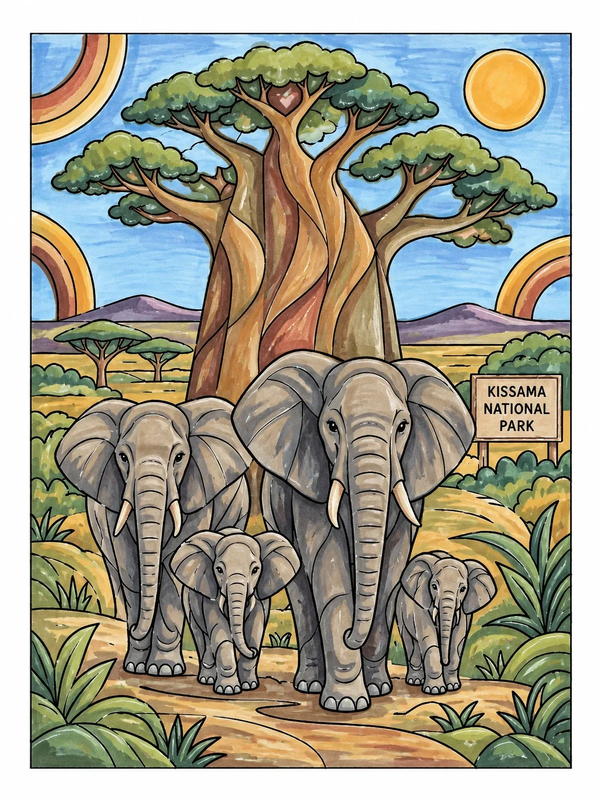 Colored example of the Elephants At Kissama National Park coloring page