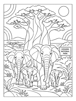 An angola coloring page featuring an elephant family walking past a baobab tree in Kissama National Park.